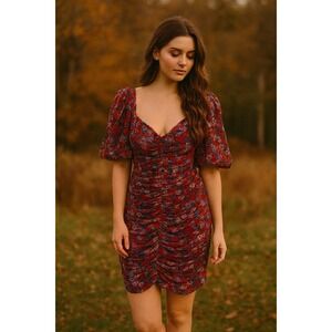 Zara pink Floral‎ Print Mini Dress Sweetheart Puff Sleeve Ruched blogger small